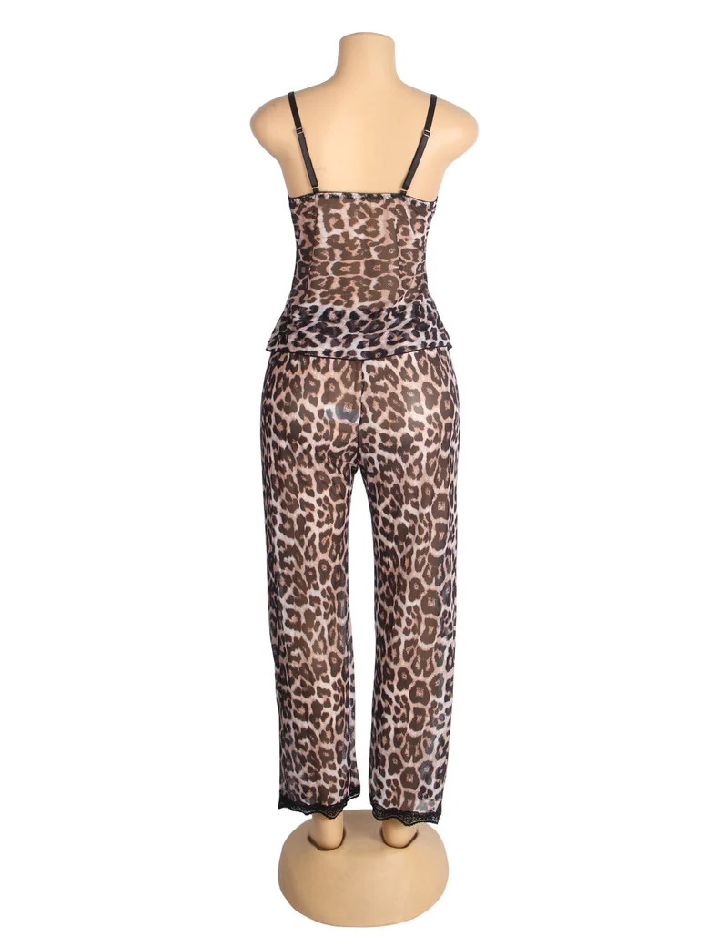 Pyjama-Set mit Leopardenmuster, bestehend aus einem Top mit tiefem V-Ausschnitt aus Mesh und Spitze sowie einer passenden Hose