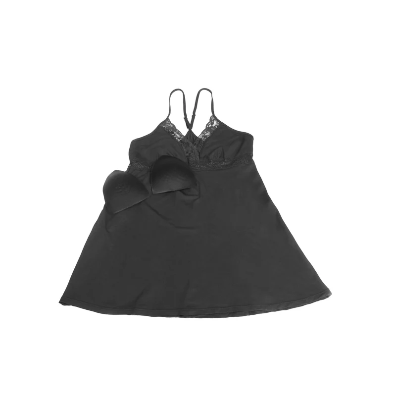 Schwarzes Nachthemd aus Modal-Spitze mit tiefem V-Ausschnitt – Taillenband mit Spitzeneinsatz und ausgestellter Rock