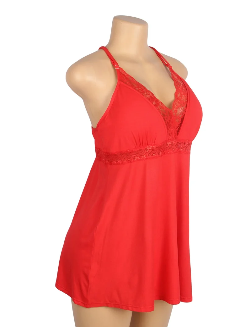 Rotes Nachthemd aus Modal-Spitze mit tiefem V-Ausschnitt – Taillenband mit Spitzeneinsatz und ausgestellter Rock