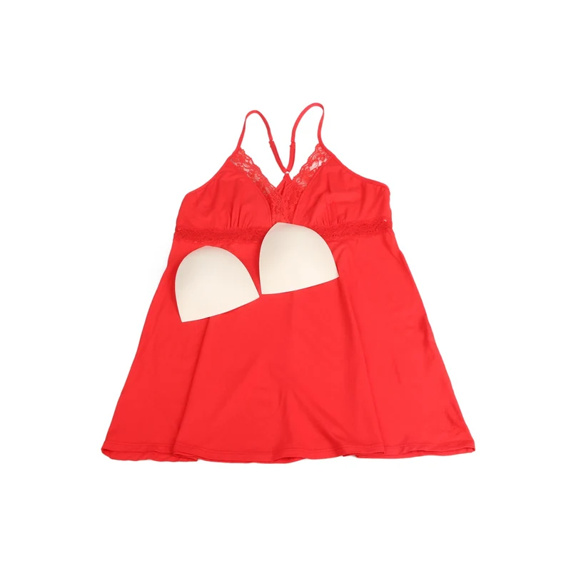 Rotes Nachthemd aus Modal-Spitze mit tiefem V-Ausschnitt – Taillenband mit Spitzeneinsatz und ausgestellter Rock