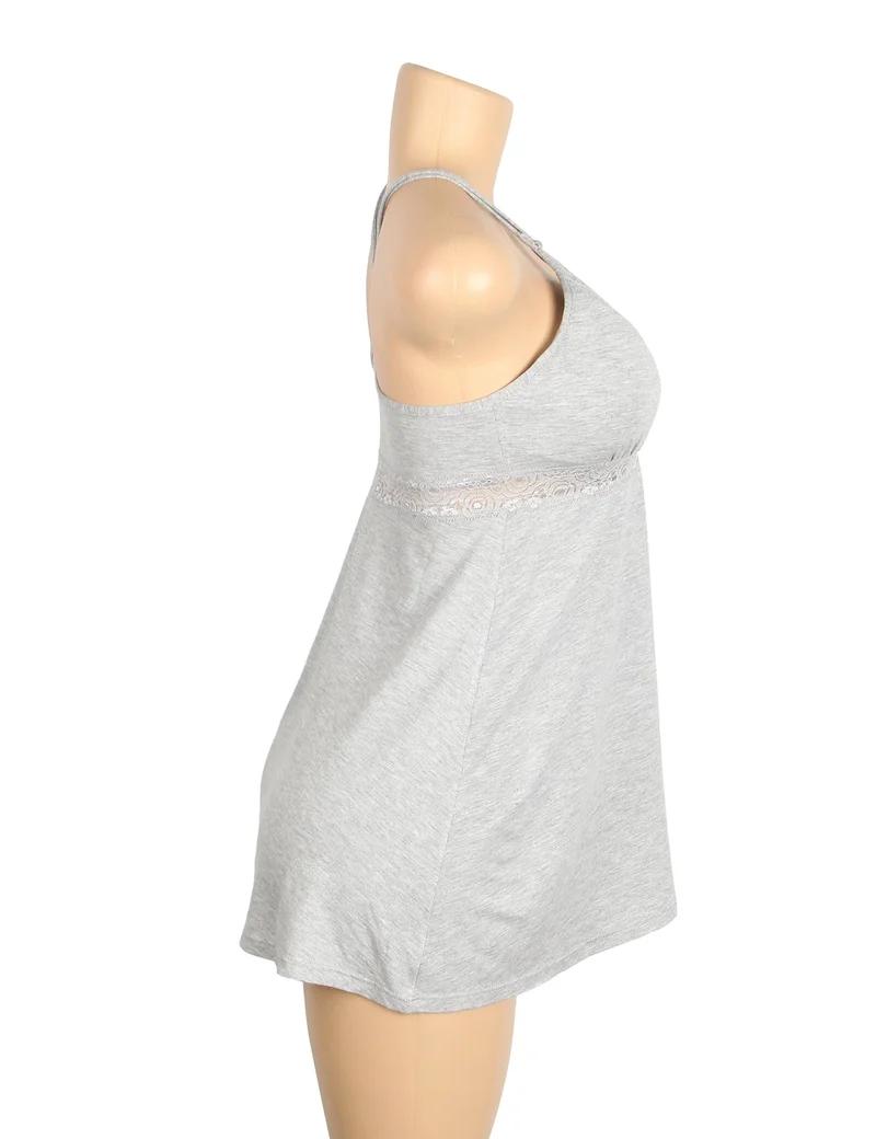 Graues Nachthemd aus Modal-Spitze mit tiefem V-Ausschnitt – Taillenband mit Spitzeneinsatz und ausgestellter Rock