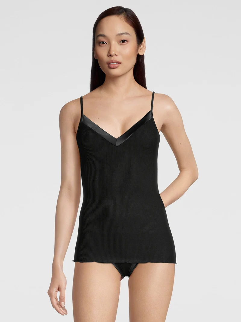 Spaghetti-Top, V-Neck, Feinripp, mit breitem Satin-Besatz, FILOSCOZIA SATIN EDGE