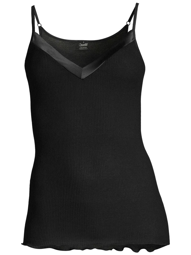 Spaghetti-Top, V-Neck, Feinripp, mit breitem Satin-Besatz, FILOSCOZIA SATIN EDGE