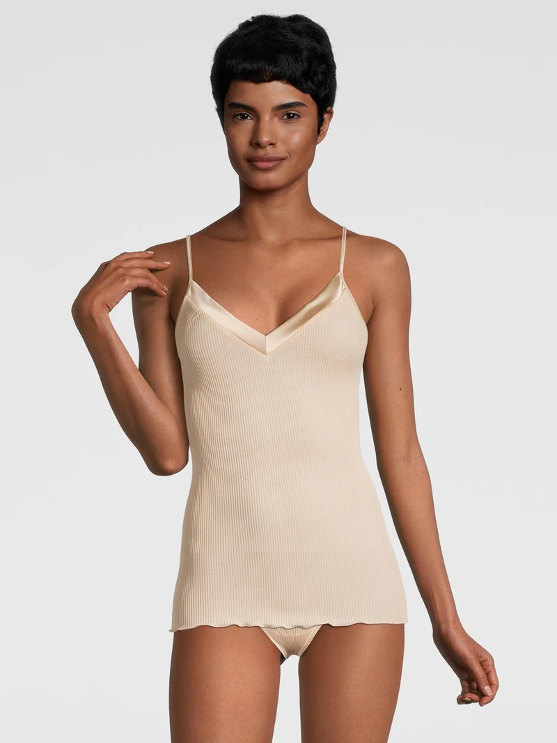 Spaghetti-Top, V-Neck, Feinripp, mit breitem Satin-Besatz, FILOSCOZIA SATIN EDGE