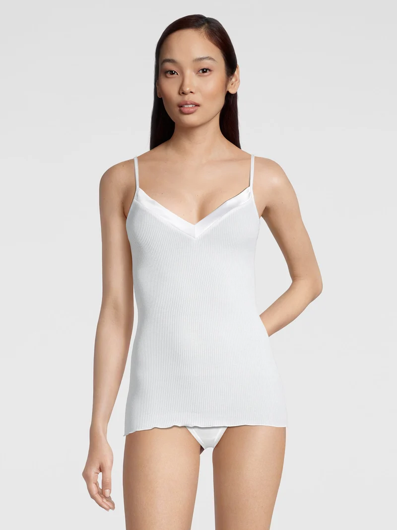 Spaghetti-Top, V-Neck, Feinripp, mit breitem Satin-Besatz, FILOSCOZIA SATIN EDGE