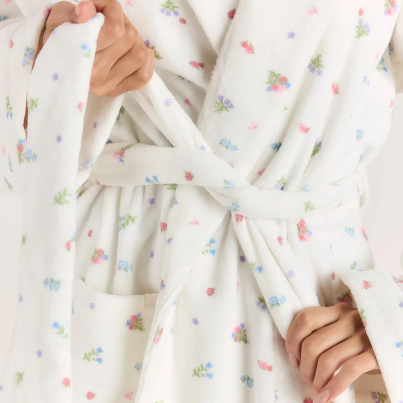 Towelling Bathrobe - White Print