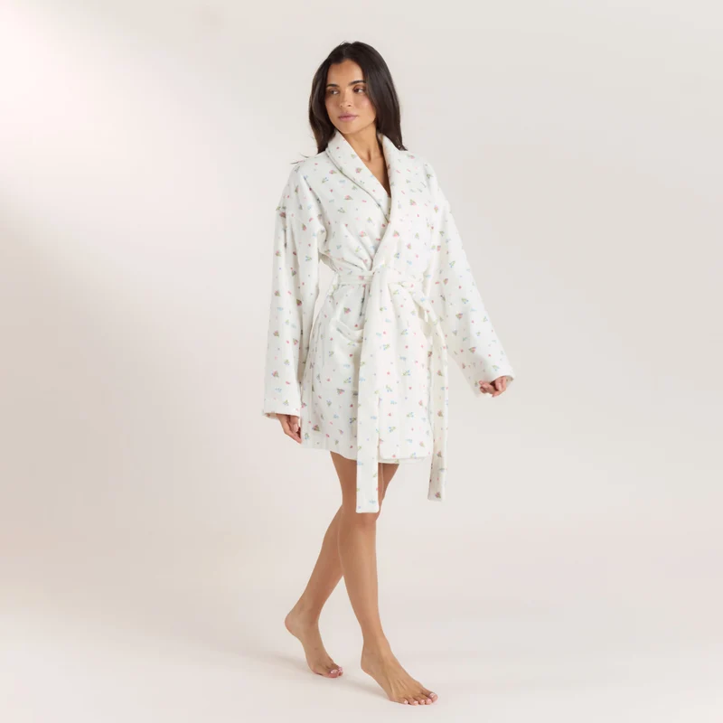 Towelling Bathrobe - White Print