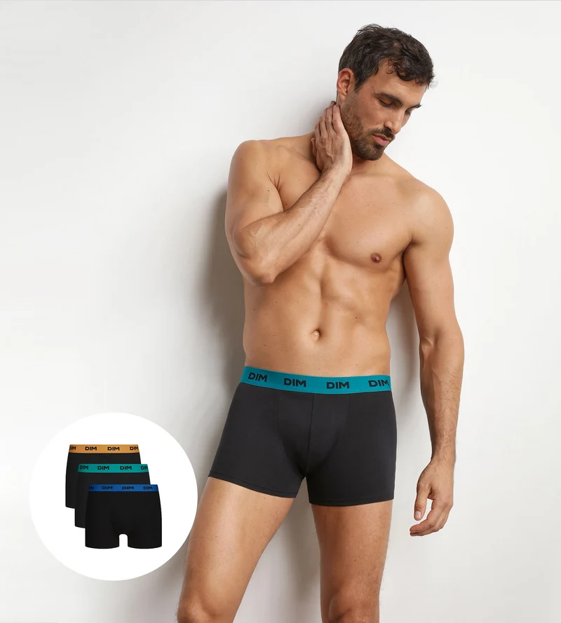 3er-Pack schwarze Boxershorts für Herren mit farbigem Bund Caméléon Mix & Colors