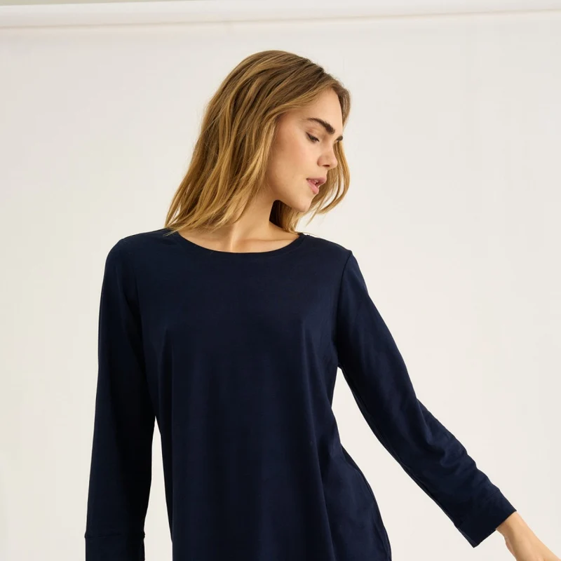 Blaues langärmeliges T-Shirt-Kleid aus Bambus