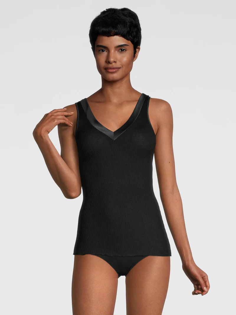 Tank-Top, V-Neck, Feinripp, mit breitem Satin-Besatz, FILOSCOZIA SATIN EDGE