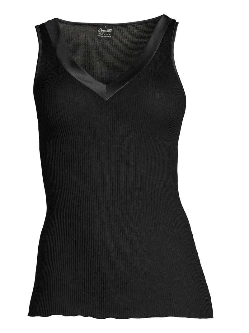 Tank-Top, V-Neck, Feinripp, mit breitem Satin-Besatz, FILOSCOZIA SATIN EDGE