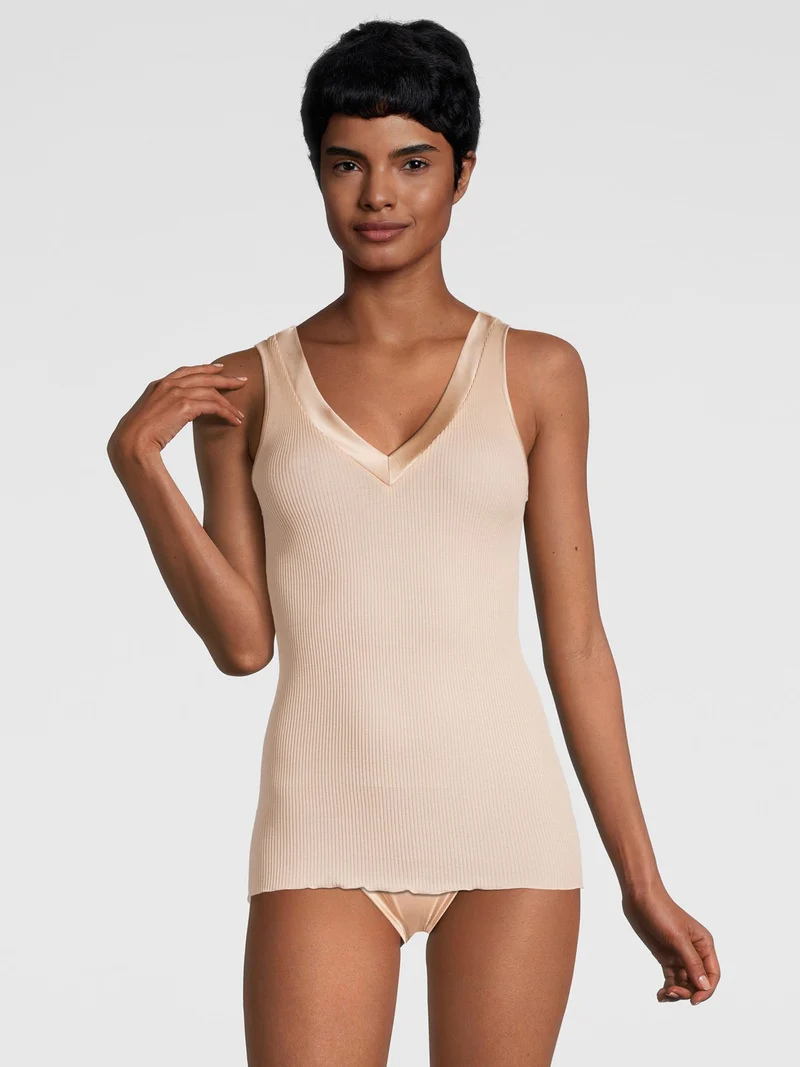 Tank-Top, V-Neck, Feinripp, mit breitem Satin-Besatz, FILOSCOZIA SATIN EDGE