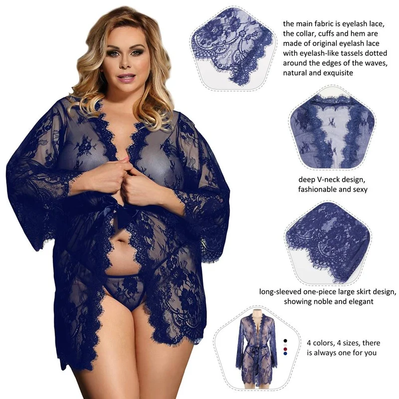 Blaues Spitzen-Chemise mit Wimpernspitze – Knopfleiste aus gewellter Spitze, weite Ärmel, Taillenband aus Kunstseide und String
