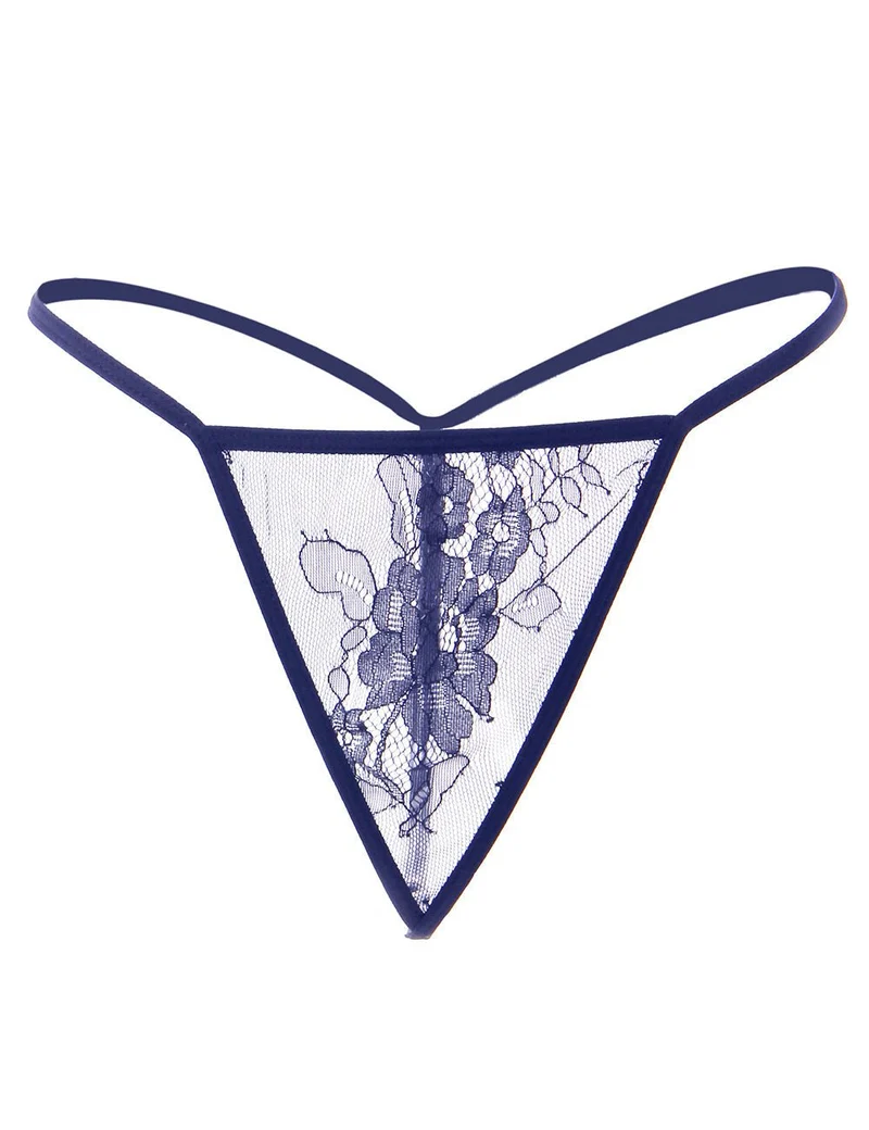Blaues Spitzen-Chemise mit Wimpernspitze – Knopfleiste aus gewellter Spitze, weite Ärmel, Taillenband aus Kunstseide und String
