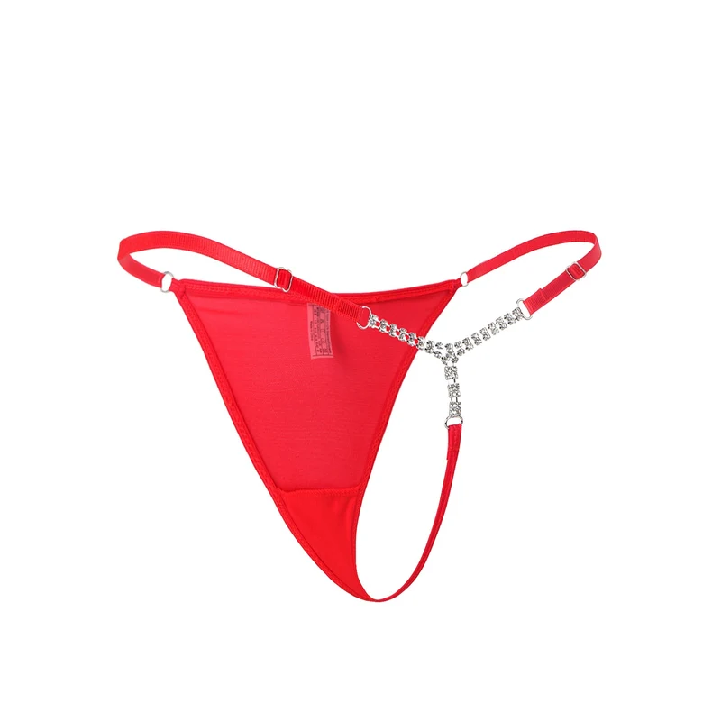 Roter Netz-G-String mit diamantbesetztem Kettenrücken.