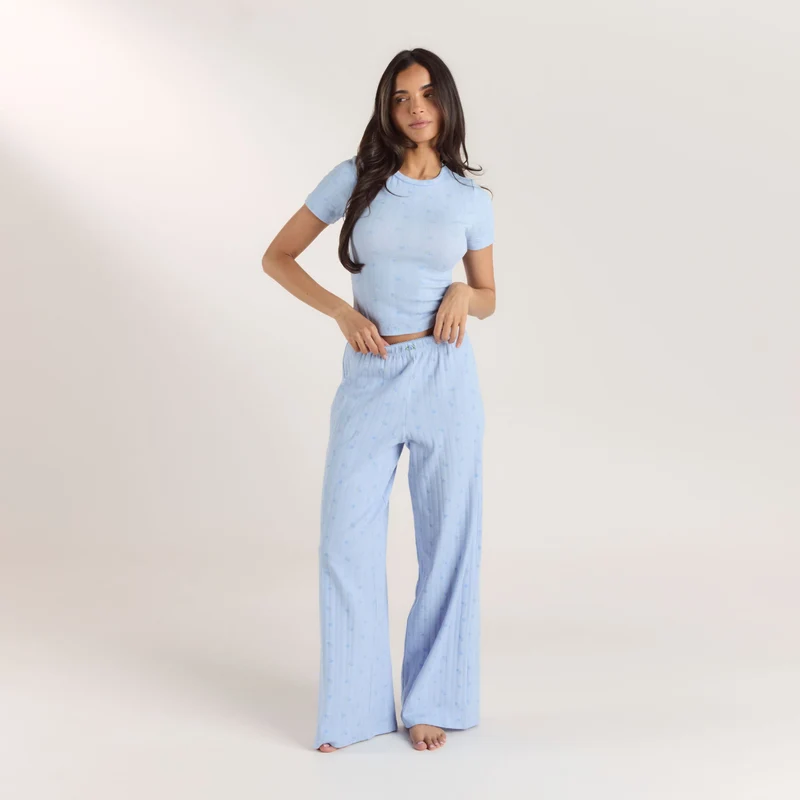 Pointelle Fitted Pyjama Top - Blue Floral