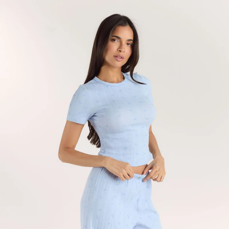 Pointelle Fitted Pyjama Top - Blue Floral
