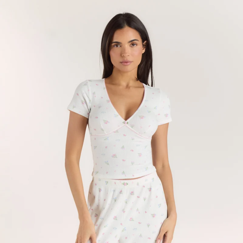 Ribbed Short-Sleeve Pyjama Top - White Floral