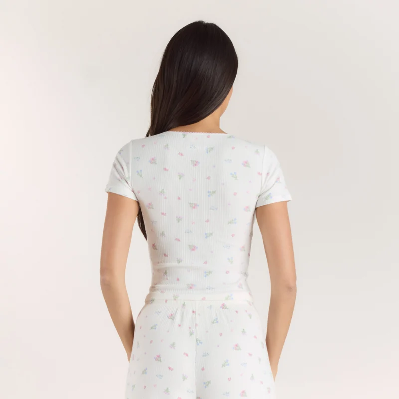 Ribbed Short-Sleeve Pyjama Top - White Floral