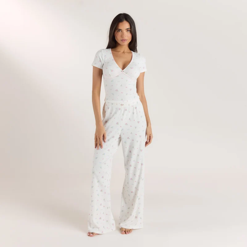 Ribbed Short-Sleeve Pyjama Top - White Floral
