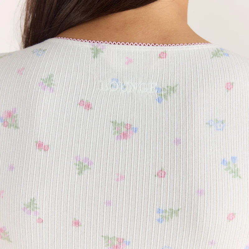 Ribbed Short-Sleeve Pyjama Top - White Floral