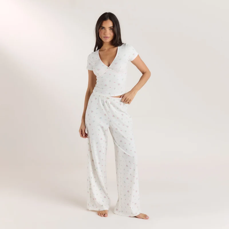 Ribbed Pyjama Bottoms - White Floral