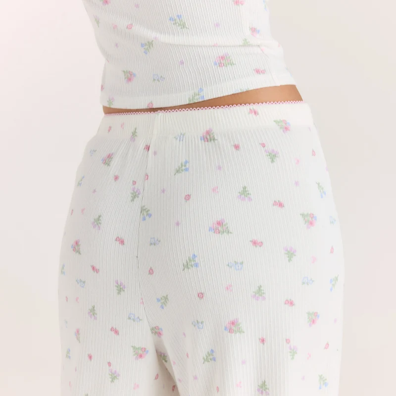 Ribbed Pyjama Bottoms - White Floral