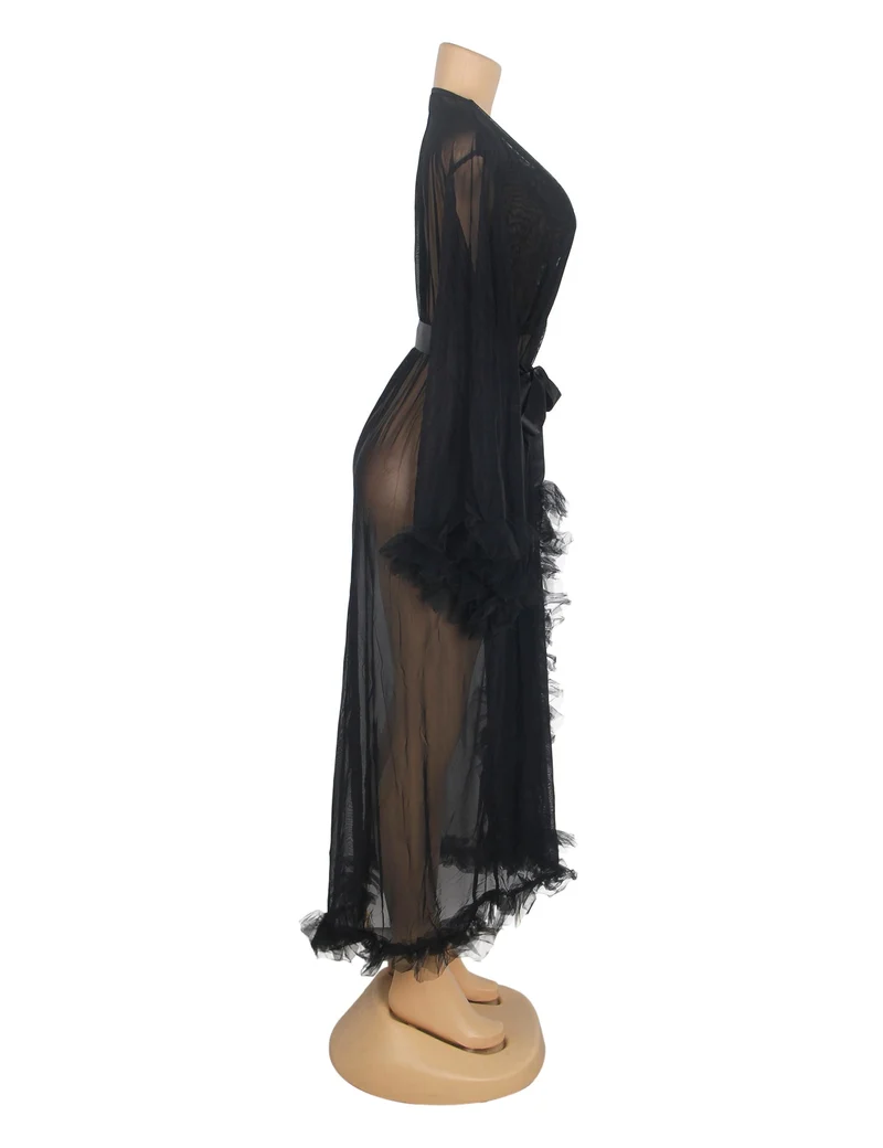 Schwarzer Nylon-Mesh-Bademantel – 3D-Rüschenbündchen und -saum, knöchellang, ausgestellte Ärmel und Taillengürtel