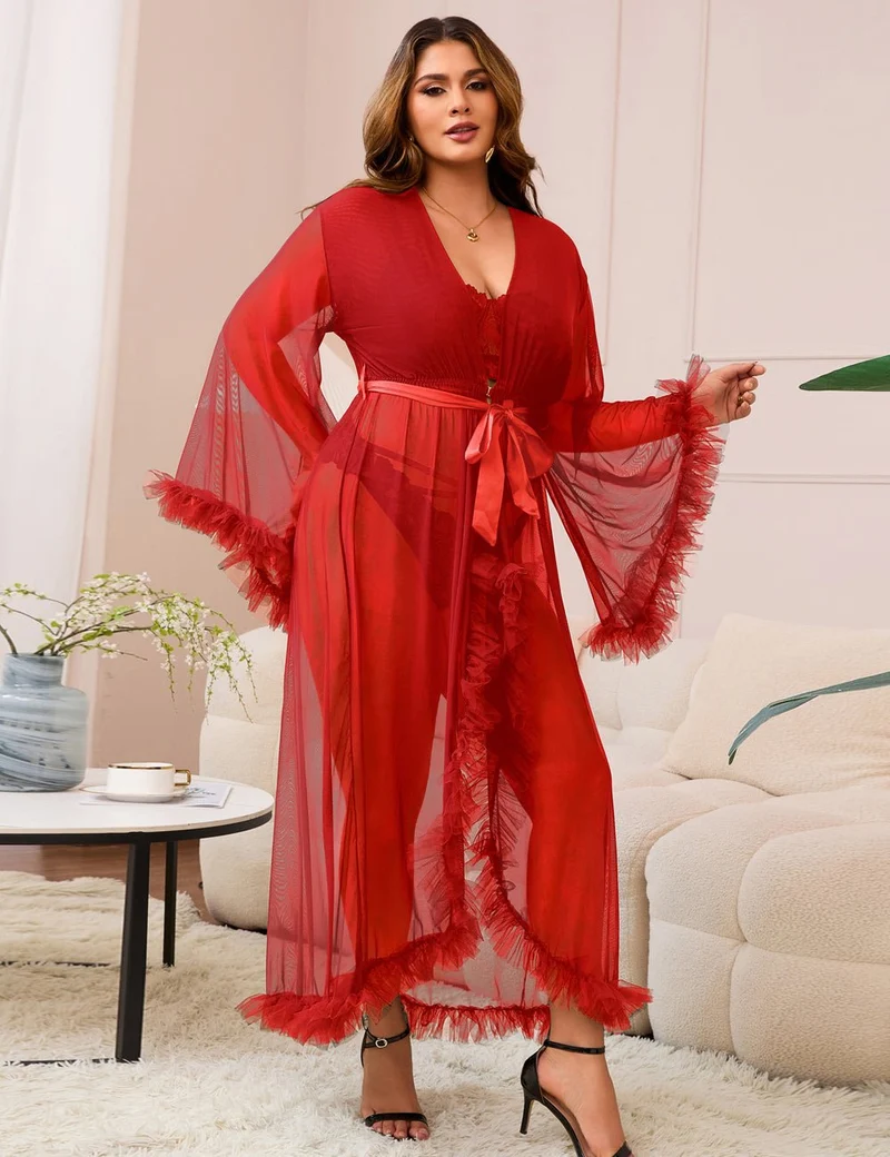 Roter Nylon-Mesh-Bademantel – 3D-Rüschenbündchen und -saum, knöchellang, ausgestellte Ärmel und Taillengürtel