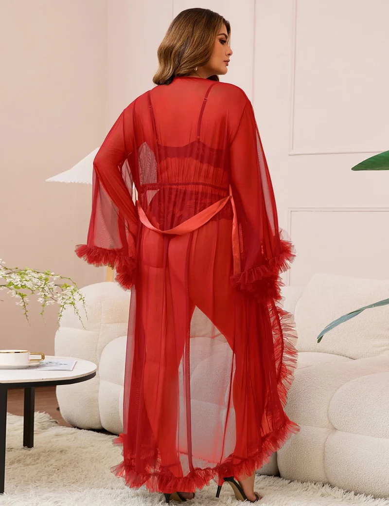 Roter Nylon-Mesh-Bademantel – 3D-Rüschenbündchen und -saum, knöchellang, ausgestellte Ärmel und Taillengürtel