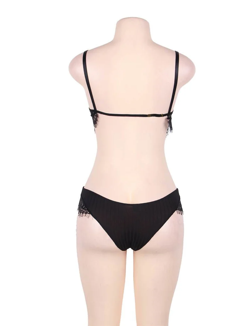 Schwarzes Bralette-Set mit Wimpernspitze – Stahlringband, verstellbare Träger und Hakenverschluss