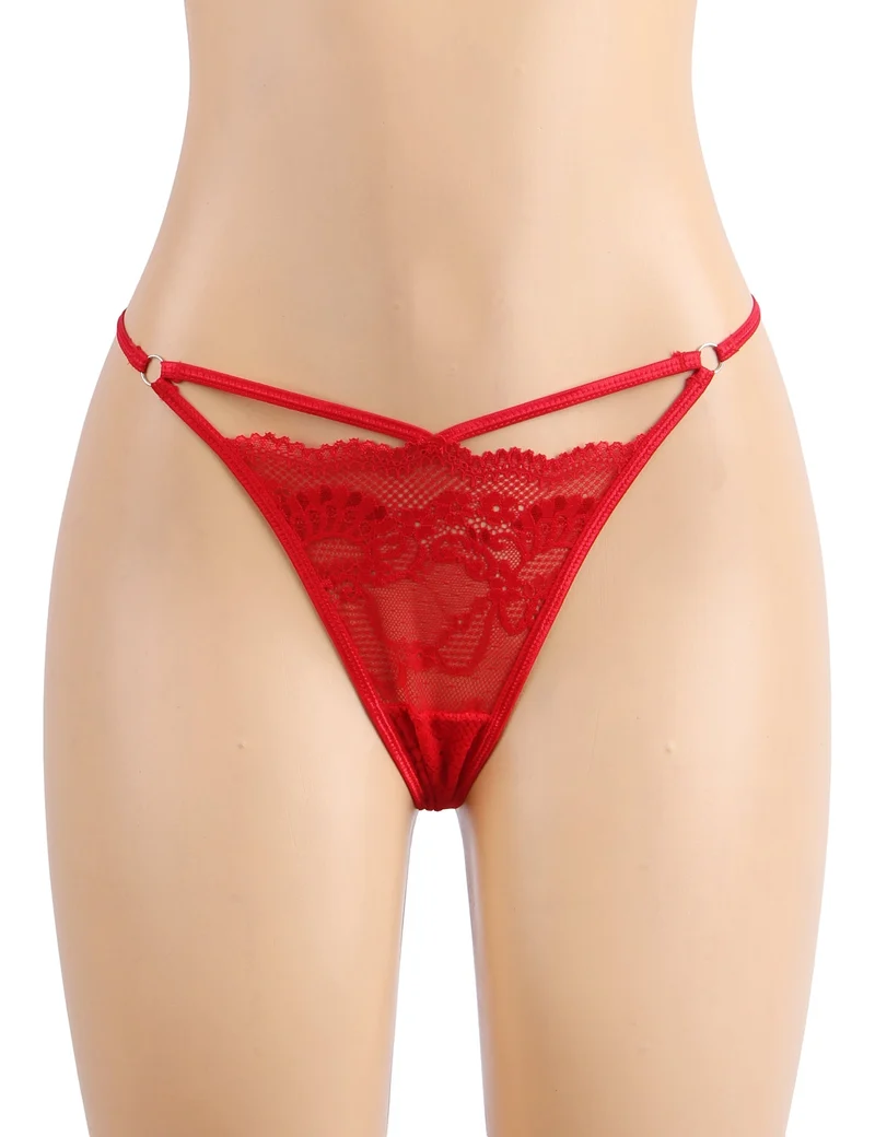 Roter Spitzen-Tanga mit Cut-Outs und Metallring am Bund