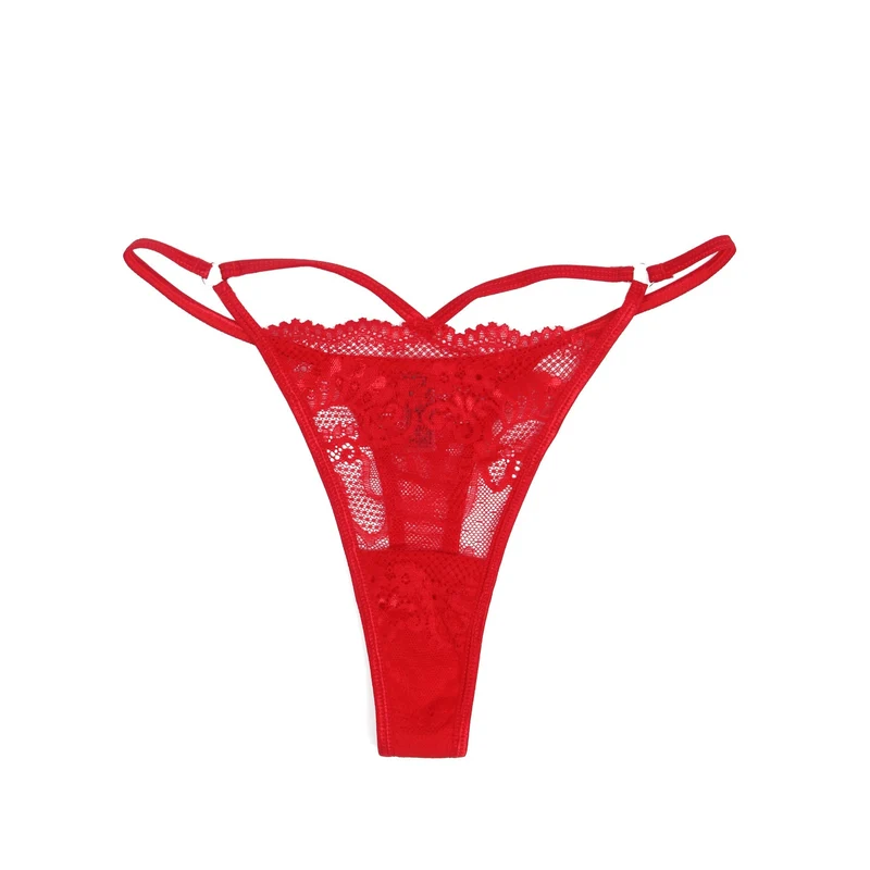Roter Spitzen-Tanga mit Cut-Outs und Metallring am Bund