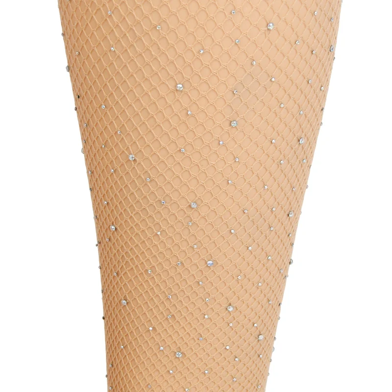 Beige Strass-Netzstrümpfe bis zum Oberschenkel mit Spitzenabschluss und doppeltem Silikon-Halteband