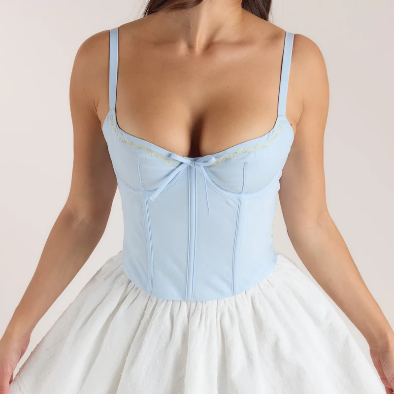 Embroidered Floral Corset Top - Blue
