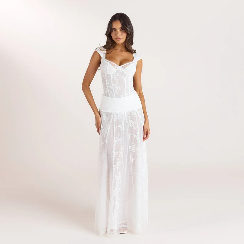 Sheer Lace Maxi Skirt - White