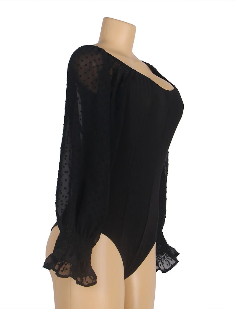 Schwarzer One-Shoulder-Body – Chiffon-Puffärmel & Schnallenverschluss im Schritt