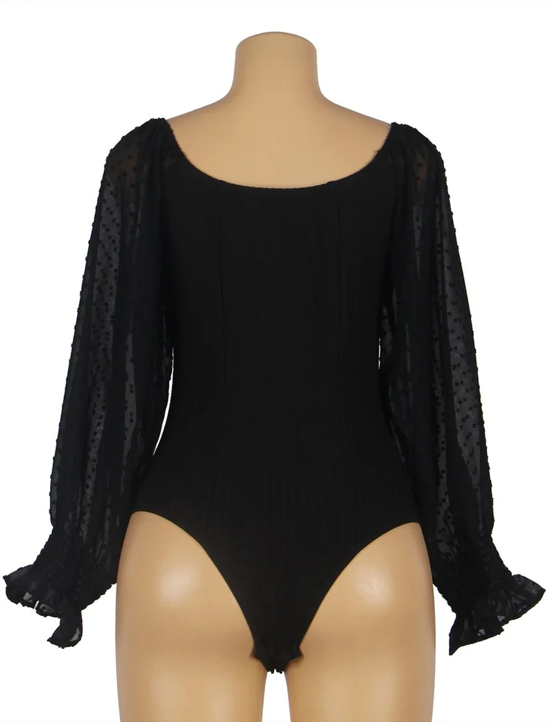 Schwarzer One-Shoulder-Body – Chiffon-Puffärmel & Schnallenverschluss im Schritt