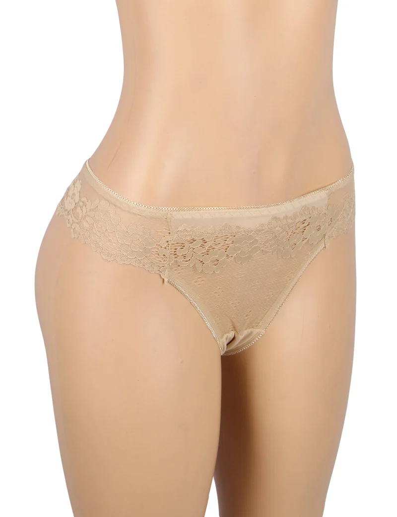 Beigefarbener Slip aus floraler Spitze mit Baumwollfutter