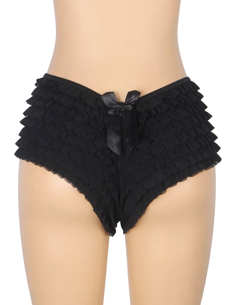 Schwarzer Mesh-Rüschenslip mit Schleifendetail und Bademodenfutter