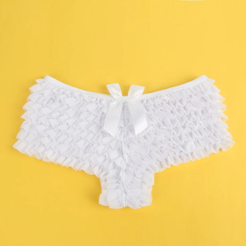 Weißer Mesh-Rüschen-Slip mit Schleifendetail und Badestofffutter