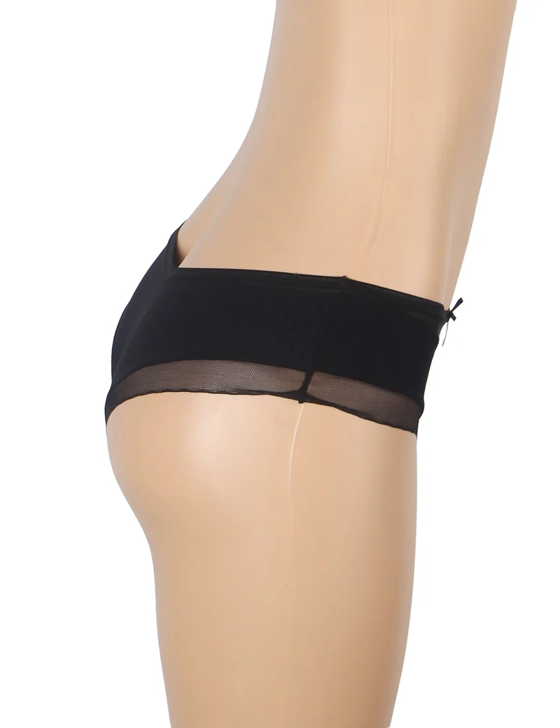 Schwarzer, gestreifter Slip mit Mesh-Vorderseite und 3D-Schleife