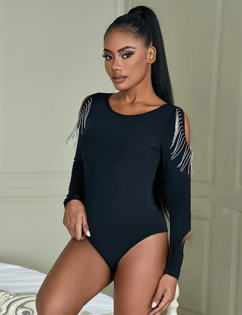 Schwarzer Langarmbody – Hohlärmel mit Strassbesatz und gebürstetem Nylon