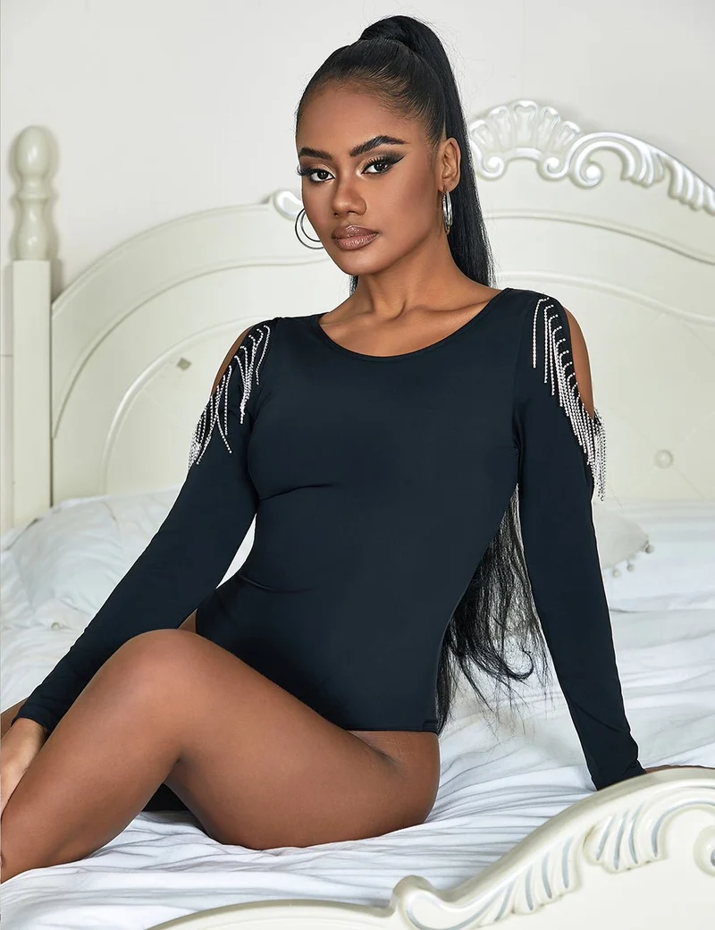 Schwarzer Langarmbody – Hohlärmel mit Strassbesatz und gebürstetem Nylon