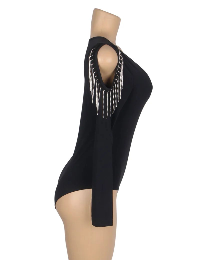 Schwarzer Langarmbody – Hohlärmel mit Strassbesatz und gebürstetem Nylon