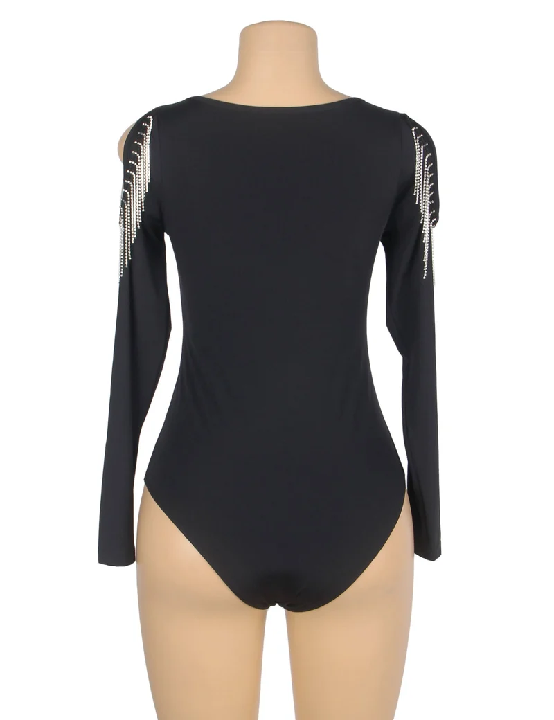 Schwarzer Langarmbody – Hohlärmel mit Strassbesatz und gebürstetem Nylon