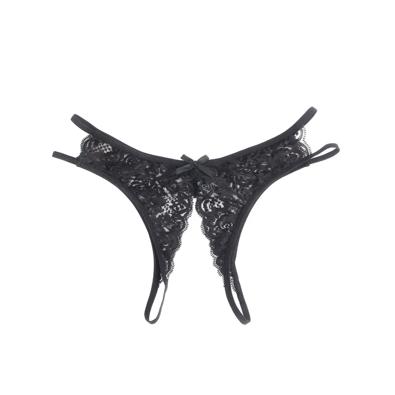 Schwarzer Spitzen-Mesh-Slip mit seitlichen Ausschnitten, Schleife vorne und offenem Schritt
