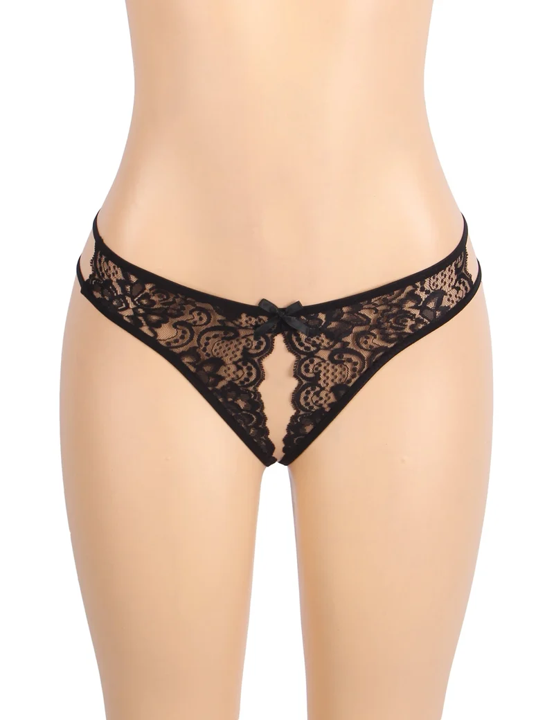 Schwarzer Spitzen-Mesh-Slip mit seitlichen Ausschnitten, Schleife vorne und offenem Schritt