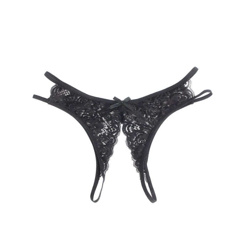 Schwarzer Spitzen-Mesh-Slip mit seitlichen Ausschnitten, Schleife vorne und offenem Schritt