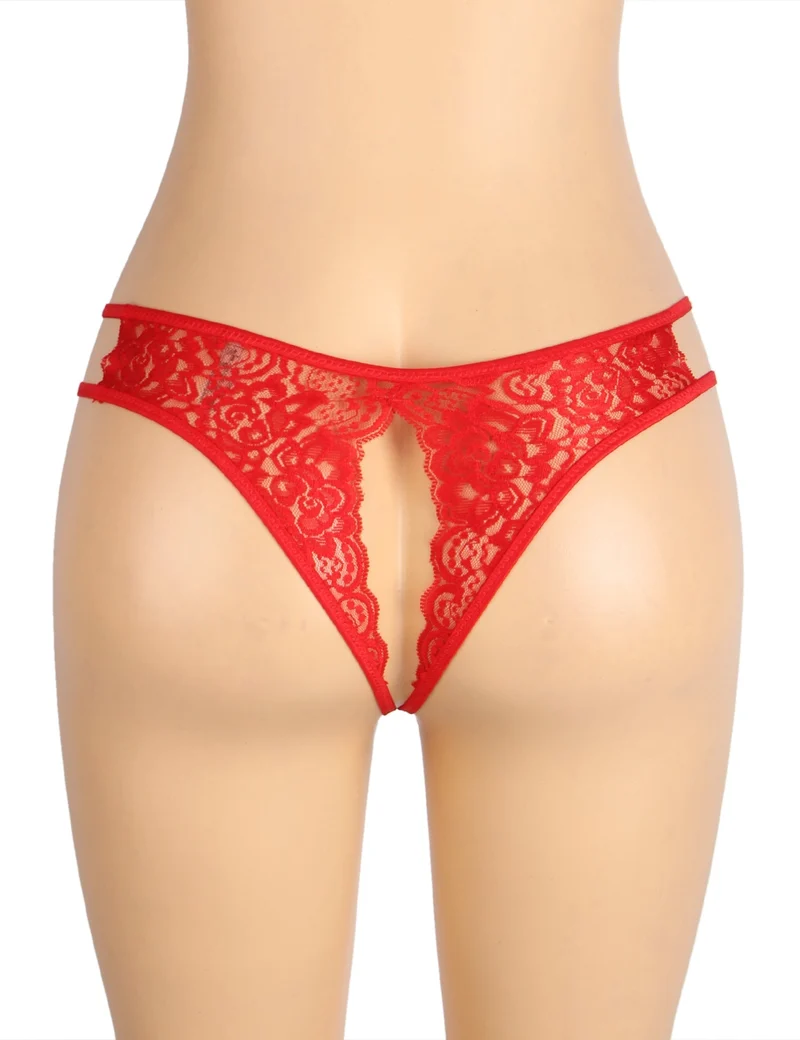 Roter Spitzen-Mesh-Slip mit seitlichen Ausschnitten, Schleife vorne und offenem Schritt